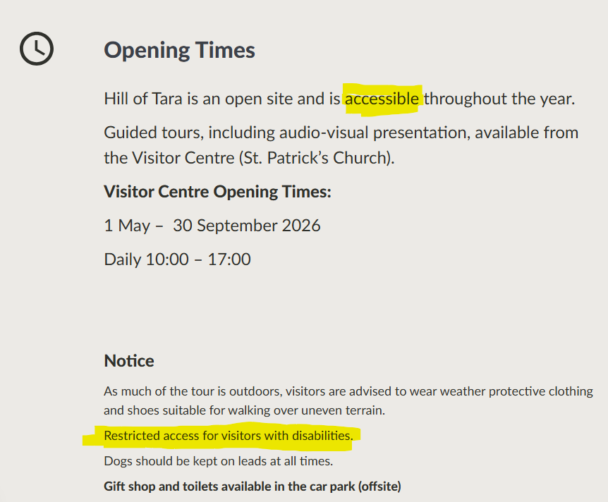 Example of accessibility information published by Heritage Ireland for the Hill of Tara.